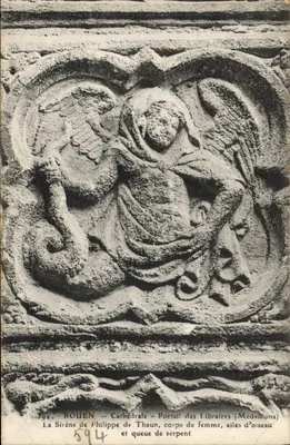 Rouen — Cathédrale — Portail des Libraires (Médailles) — La Sirène de Philippe de Thaun, corps de femme, ailes d’oiseau et queue de serpent
