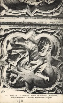 Rouen — Cathédrale - Portail des Libraires (Médaillons) — Homme tombant à la renverse représentant l'orgueil