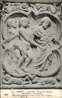 Rouen — Cathédrale — Portail des Libraires — La Création — Le Créateur introduisant Adam et Ève dans le Paradis