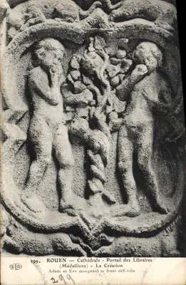 Rouen — Cathédrale — Portail des Libraires — Médailles : Adam et Ève mangeant le fruit défendu