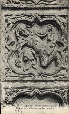 Rouen - Cathédrale - Portail des Libraires (Médailles) - Homme à tête d'âne couvert d'un capuchon