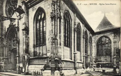 Rouen - Église Saint-Patrice — vue de l'extérieur avec détails architecturaux — C.V. n°230