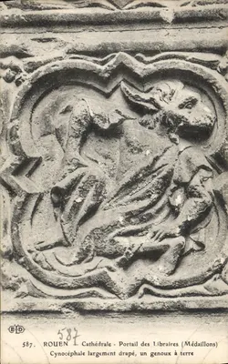 Rouen - Cathédrale - Portail des Libraires (Médaillons) - Cynocéphale largement drapé, un genou à terre