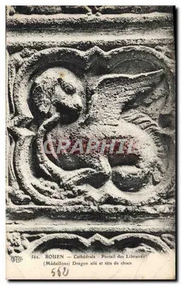 Rouen — Cathédrale — Portail des Libraires (Médaillons) Dragon ailé et tête de chien