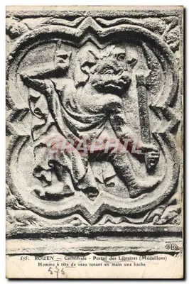 Rouen — Cathédrale — Portail des Libraires (Médaillons) — Homme à tête de veau tenant en main une hache