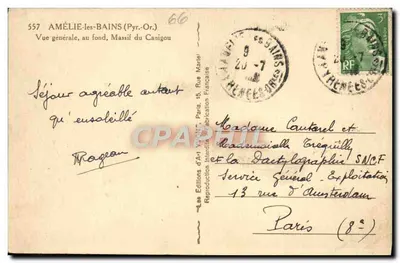 Amélie-les-Bains (Pyr.-Or.) — Vista geral, no fundo, Massif do Canigou — Edições d'Art Wyon, n° 557 — Verso