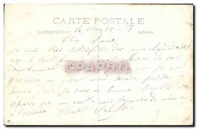 Igreja em ruínas — Torre sineira com relógio — Carta postal antiga — Verso