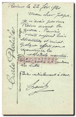 Ruiny Wielkiej Wojny — Reims — Szczegółowy widok lewego portalu po pożarze — Visé Paris n° 511 — Rewers
