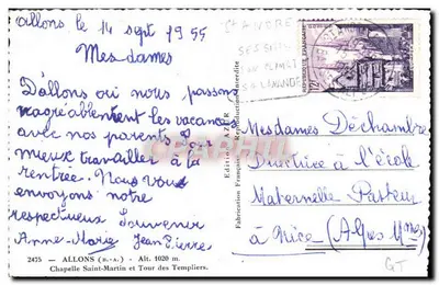 Allons (B.-A.) — Capela de São Martinho e Torre dos Templários — Edição Francesa AZR — Verso
