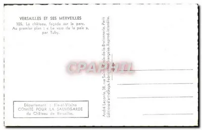 Versalhes e suas maravilhas — 305. O castelo, fachada para o parque. No primeiro plano: «O vaso da paz», por Tuby — Editor Guy — Verso