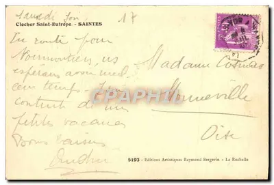 Torre da Igreja de São Eutrópe — Saintes — Edições Artísticas Raymond Bergevin — Verso