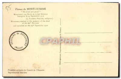 Plateau du Mort-Homme — Pomnik Pamięci 69. Dywizji — J. Froment-Meurice, rzeźbiarz — Rewers