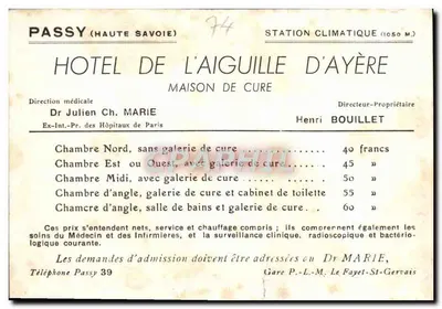Passy (Haute-Savoie) — Estação climática a 1050 m — Hotel de l'Aiguille d'Ayère, casa de cura — editor desconhecido, número de série 74 — Verso