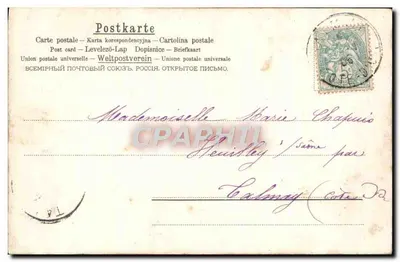 Widok z Bourjon (lub Boujon) — krajobraz rzeczny z domem z dachem z trawy — wydawca A.A.M. n° 338 — Rewers