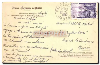 Wewnętrzny widok katedry Notre-Dame de Lescure (Cantal) — wydawca nieznany, numer serii nie widoczny — Rewers