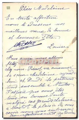 Bukiet białych róż — Szczęśliwego Dnia Panienku Madeleine — wydawca nie widoczny — Rewers