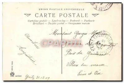 Mulher com buquê de flores — Melhores votos — Carta postal série 7055, editada pela Union Postale Universelle — Verso