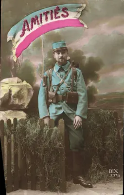 Żołnierz w uniformie niebieskim — z banierą 'AMITIÉS' — DIX 237/3