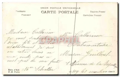 Dziewczynka w niebieskiej sukni trzymająca koszyk z kwiatami — Szczęśliwego Dnia — Edit. d'Art P.H. Paris, nr 146 — Rewers