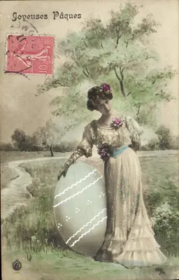 Jopeuses Pâques — kobieta w stroju stylu 1900 trzymająca duży ozdobny jajko — wydawca nieznany, numer seryjny nie widoczny