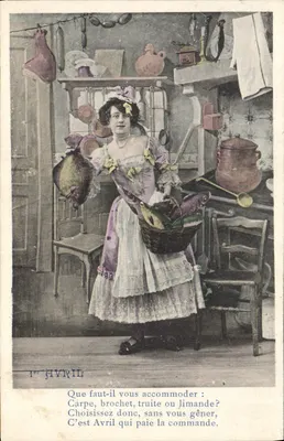 Femme dans une cuisine — poème sur la pêche d'Avril — éditeur non visible