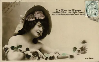 Kobieta w kapeluszu z różami — La Rose des Champs — A.N. Paryż, nr 308