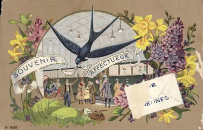 Souvenir affectueux — oiseau en vol au-dessus d'une scène de gare — éditeur anonyme, n° 8012