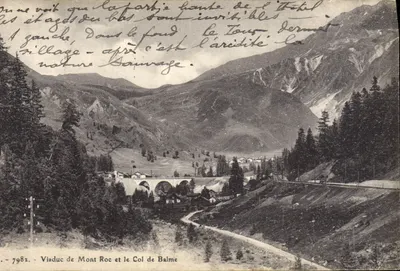 Viaduto de Mont Roc e o Col de Balme — vista alpina com aldeia embaixo — Jullien frères, Genebra, n°7982
