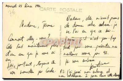 Abadía de SAINT-WANDRILLE — Vista tomada desde la Plaza del Claustro — Edición La Cigogne, 74, rue aux Ours, Rouen — Reverso