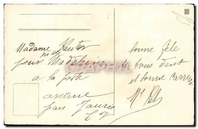 Bouquet myosotis — krajobraz rzeczny z szalikiem — tekst 'Bonne Fête' — wydawca nieznany — Rewers