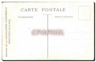 Castelo e capela sobre falésia — vista pitoresca — Edição da Chocolaterie d'Aiguebelle (Rheinstein, sobre o Reno) — Verso