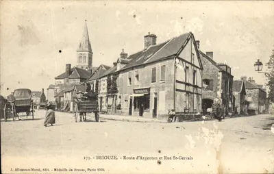 Bilhete postal antigo Briouze Estrada de Argentan e Rua São Gervásio