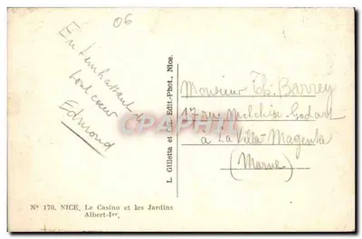 Nice, Le Casino et les Jardins — Albert-Ier — L. Gilletta et cie, Nice, N° 170 — Rewers