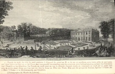 Vista do Castelo de Marli — Fachada do sul, jardim e cascata — Chaléografia do Museu do Louvre, por Coustou