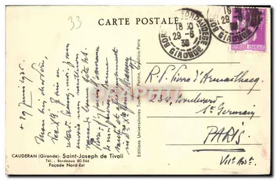 Bilhete postal antigo Fachada Nordeste da Igreja de Saint Joseph de Tivoli — Verso