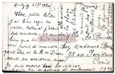 Elsässerin u. Lothringerin — duas jovens mulheres em trajes regionais sob um guarda-chuva — editor: Kunstverlagsanstalt, Strasbourg — Verso