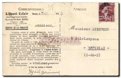 Stara pocztówka Rennes Rue du Pre Botte Entree principale L'Ouest Eclair — Rewers