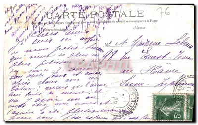 Scène fluviale — deux hommes en barque sur un canal bordé de maisons et d'arbres nus — éditeur non visible — Verso