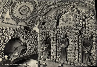 Roma - Cimitero dei Cappuccini — wnętrze z oszczepami i czaszkami, wydawca VERA FOTO GRAFIA, nr 75
