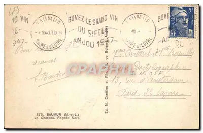 Zamek w Saumurze — Front północny — Wyd. M. Chrétien i Synowie, nr 373 — Rewers
