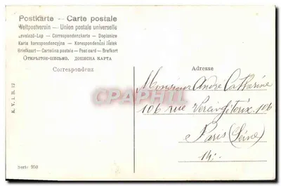 Mulher em vestido azul e chapéu rosa com porcos — Boa Ano — editor K.Y.I.B. n° 950 — Verso