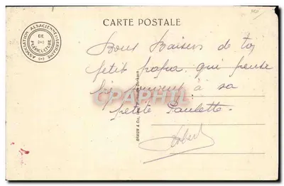 Deux enfants en montagne — scène de randonnée avec bâton et sac à dos — éditeur DORETTE MULLER — Verso