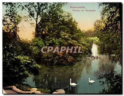 Badenweiler, Parte no Kurpark — vista do lago com fonte e cisnes — editor não visível