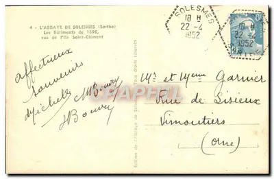 A Abadia de Solesmes (Sarthe) — Os Edifícios de 1896, vistos da Ilha Saint-Clément — Edição da Abadia de Solesmes — Verso