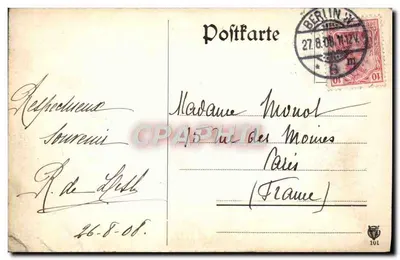 Berlin — Oberbaumbrücke — widok rzeki Spree z figurami i łódkami — wydawca nieznany — Rewers