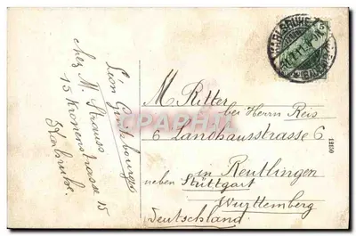 Karlsruhe i/B. — Widok panoramiczny z parku centralnego z fontannami i alejami — wydawca nieznany — Rewers