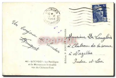 Lourdes - A Basílica e o Monumento Intérallié vistos do Castelo-Forte — Edição P. Doucet — Verso