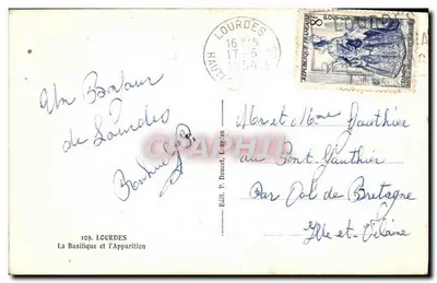 Lourdes — Bazylika i Objawienie — Wyd. P. Dauzet, Lourdes, nr 109 — Rewers