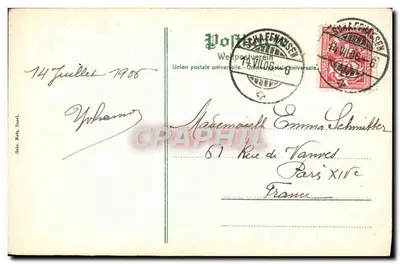 Rheinfall — widok nocny z zamekiem i mostem — wydawca nieznany, nr 16336 — Rewers