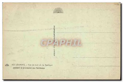 Lourdes — Widok nocny z bazyliki podczas procesji z latarniami — Wydawca: C.P. Albrecht & Cie, Paryż — Rewers